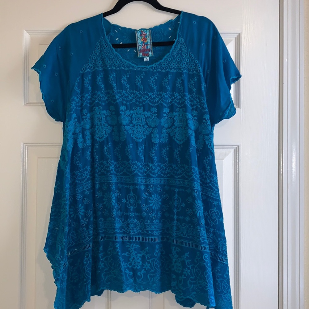 Johnny Was Teal Embroidered Top